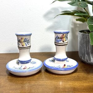 Pair of MA Stoneware Pottery Candle Holders Blue Pink Flowers Floral Set of 2